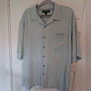 Vtg 100% SILK Textured Camp Shirt XL Seafoam Green Waffle Weave Resortwear Retro